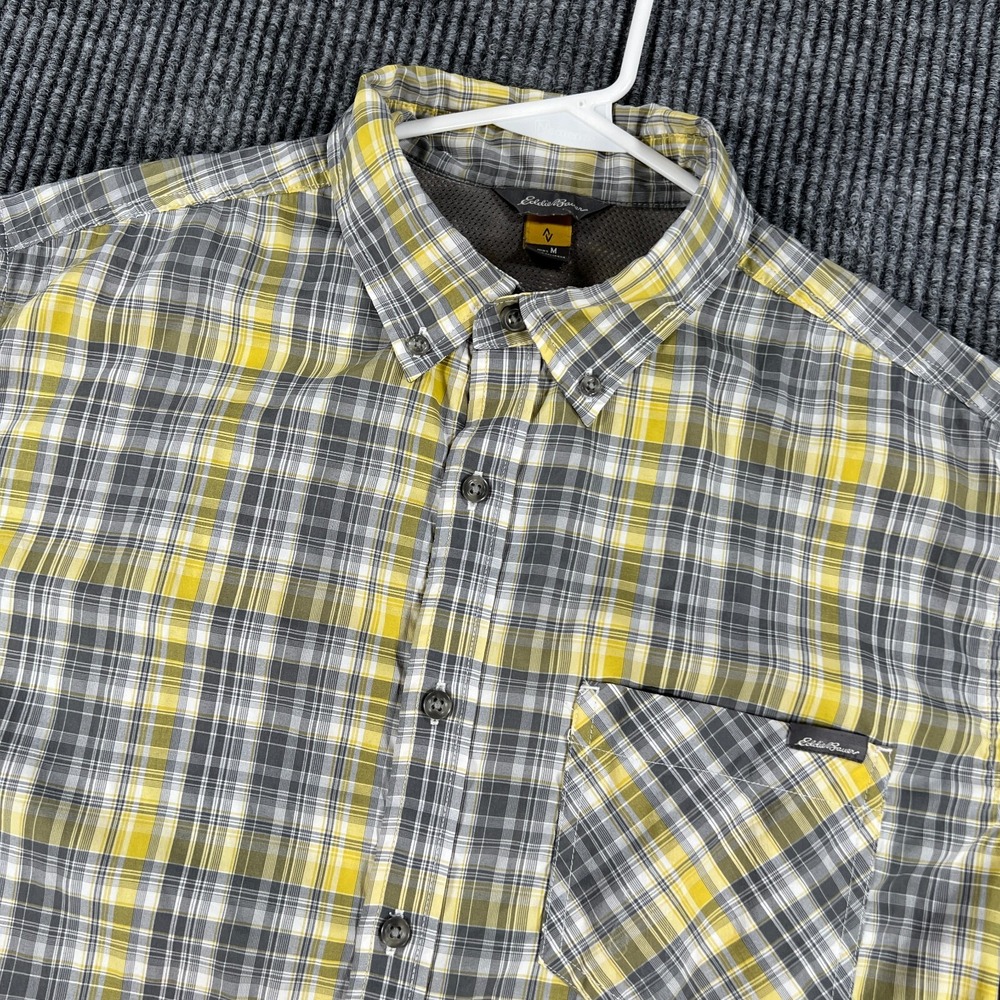 Eddie Bauer Shirt Mens Medium Yellow Plaid Short Sleeve Button Down Hiking